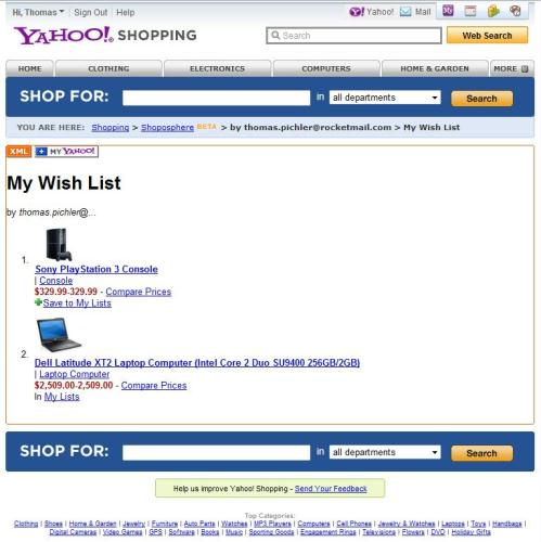 MyYahoo! Shoposphere WishList